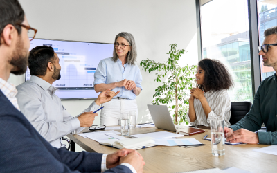 A group of skilled leaders in a modern conference room strategize their company's next move. They were hired and selected using a world-class assessment provider with proven leadership assessment tools.