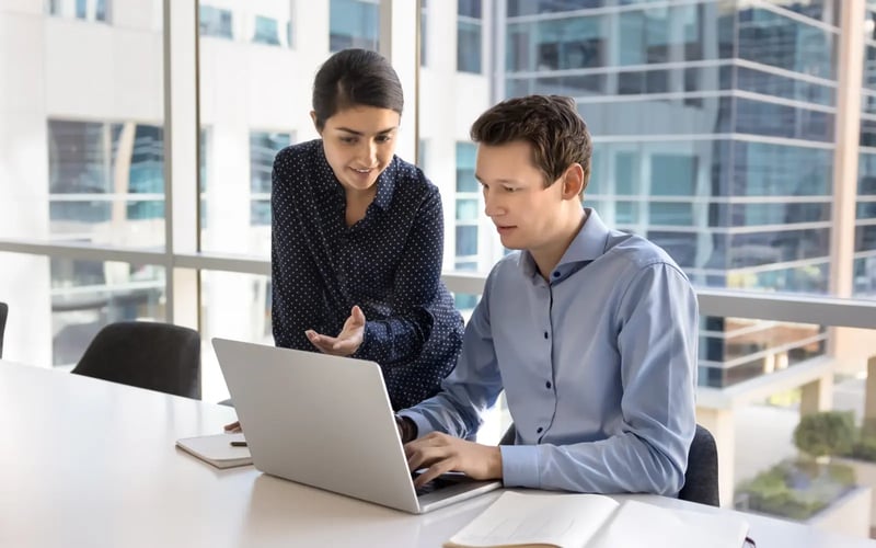 Executive and leadership coaching session with a coach and coachee using a laptop and notebook at a conference table. 