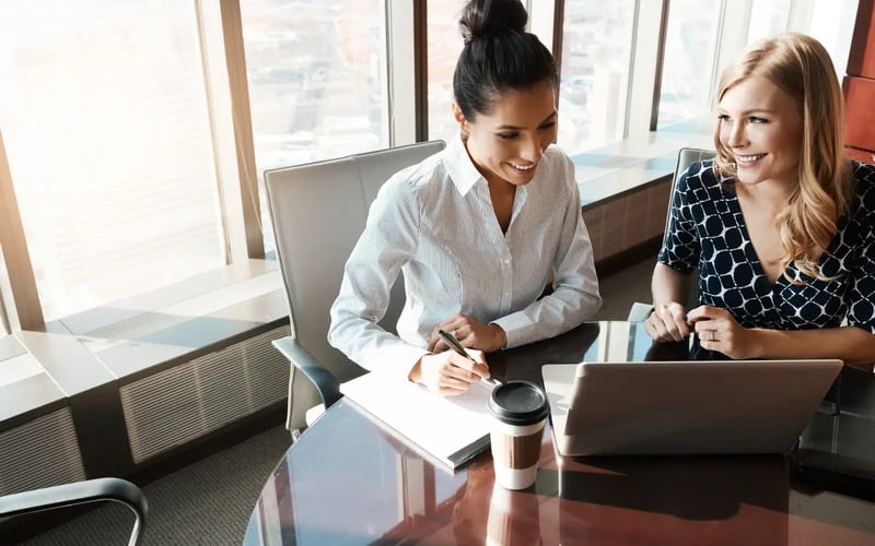 A woman in brown blouse is sitting at a desk providing employee outplacement services to a man in blue shirt. 