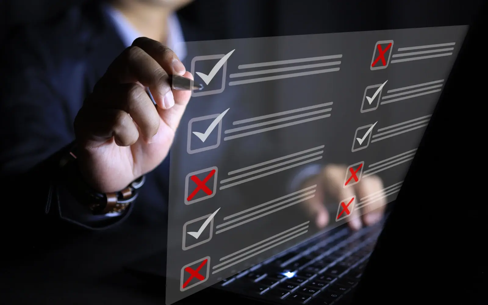 Female hand using a touchscreen filled with checkmarks and X’s representing workplace-based assessments 